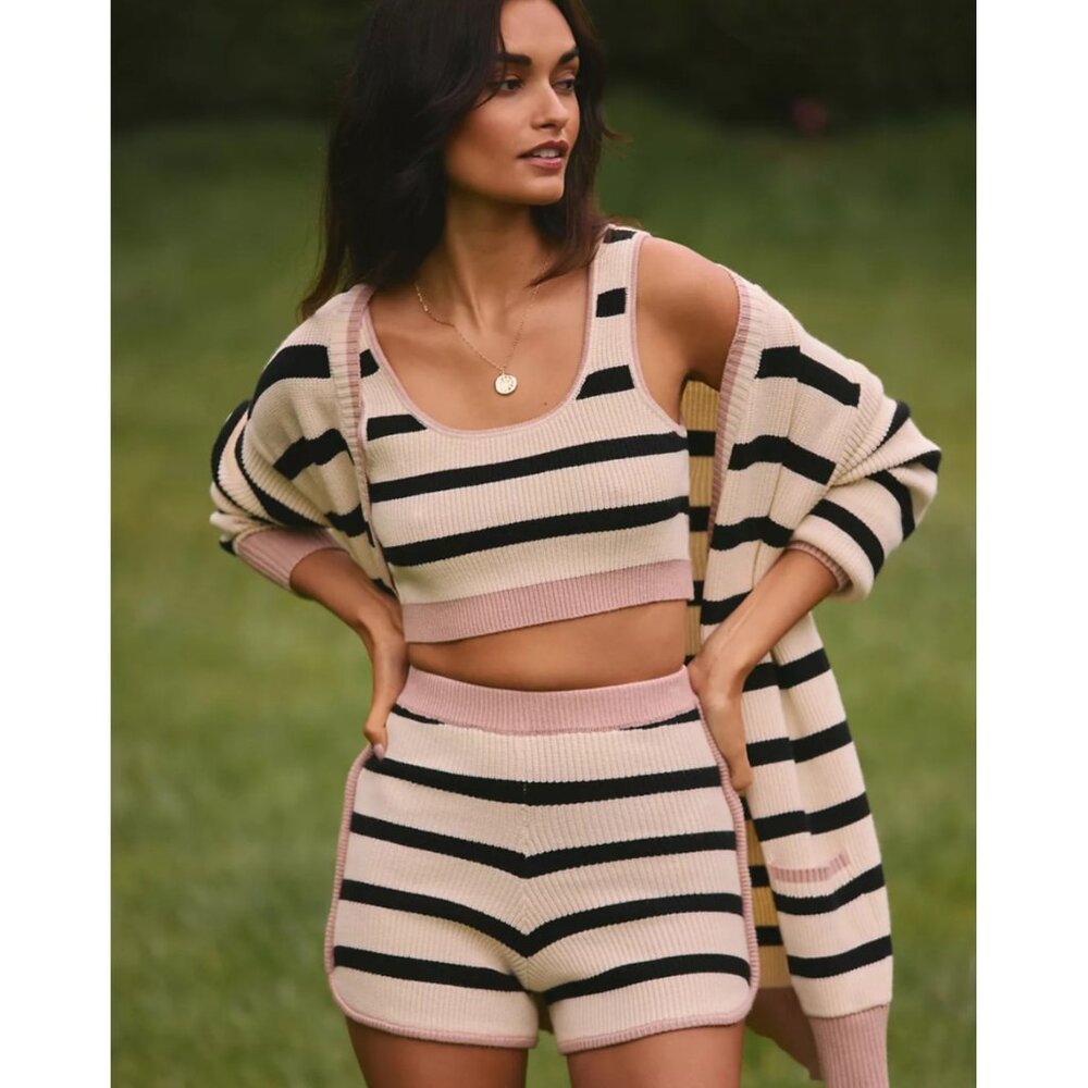 NWT Anthropologie Flat White Striped Knit Lounge Crop Top & Shorts Set XS